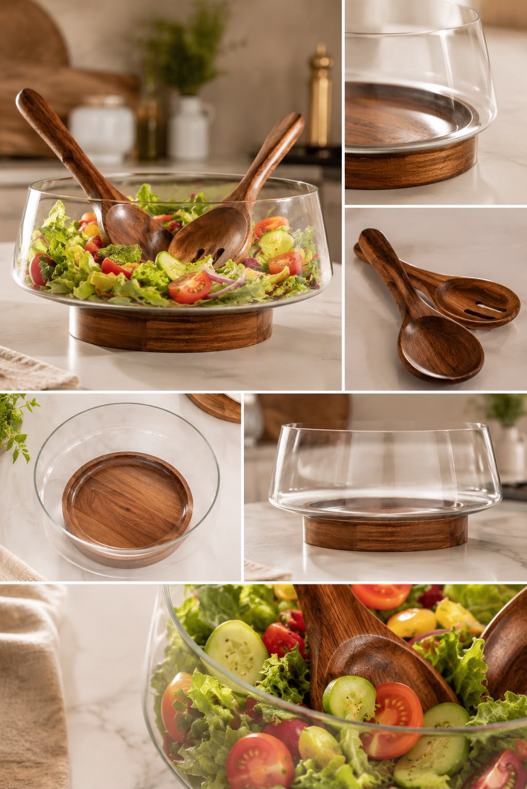Glass Salad Bowl Set with Wooden Base and Servers