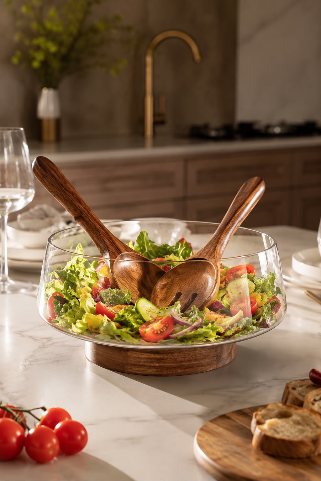 Glass Salad Bowl Set with Wooden Base and Servers
