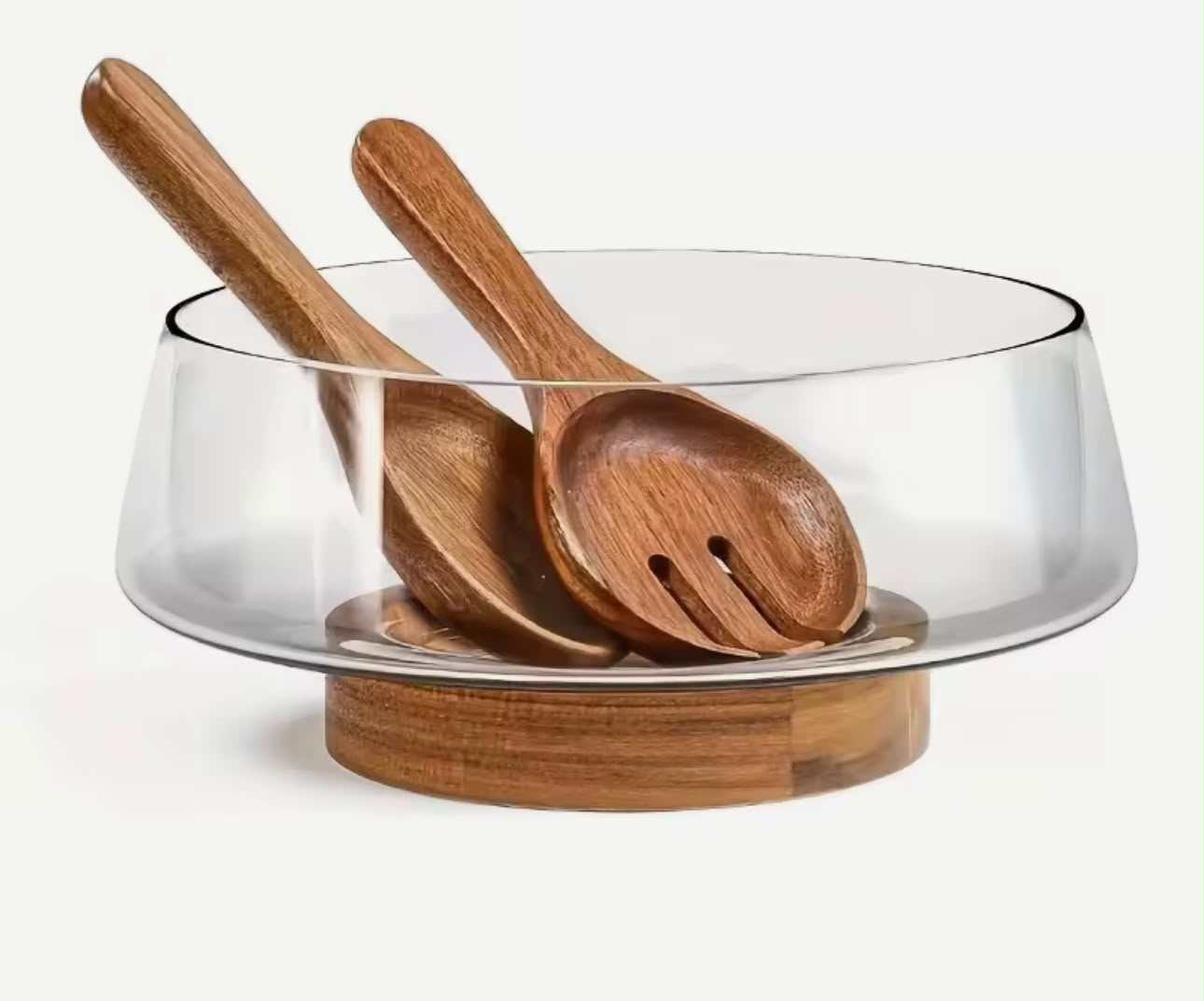 Glass Salad Bowl Set with Wooden Base and Servers