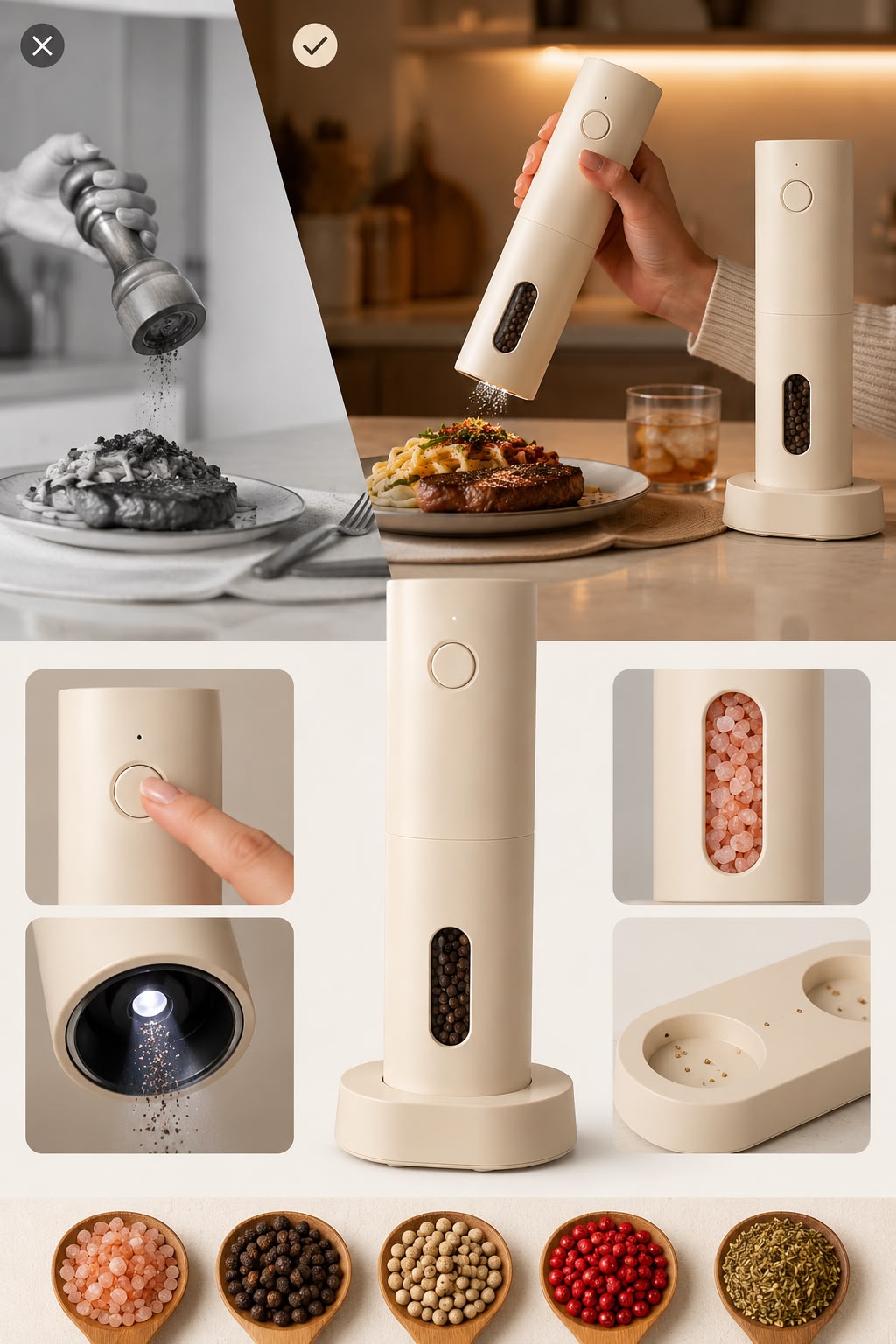 Electric Salt and Pepper Grinder Set with Charging Base & LED Light